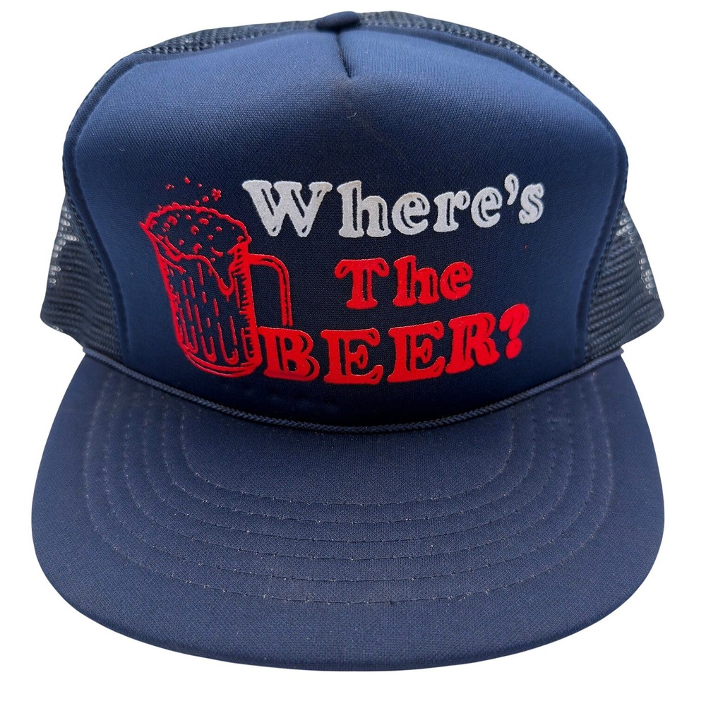 Vintage AmaPro Wheres The Beer Trucker Hat Navy Blue Mesh Snapback Cap Retro